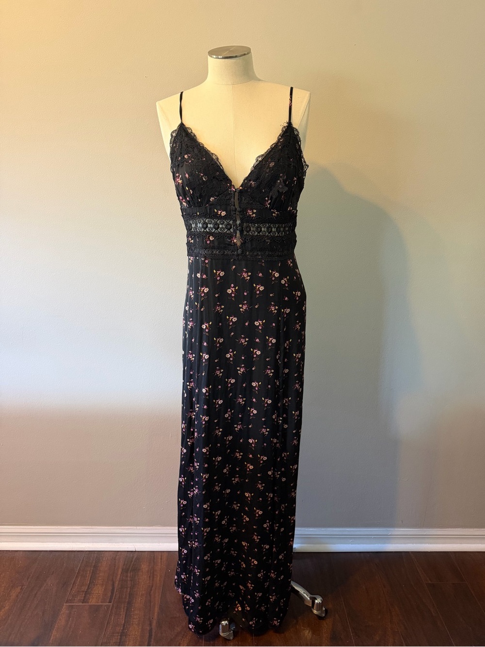 Free People Black Floral Lace-Trim Maxi Dress - Picture 2 of 9
